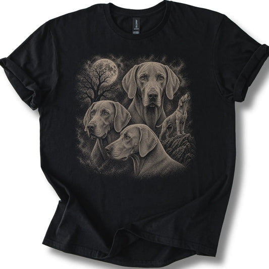 Weimaraner 90s Moon design on a black T-shirt.