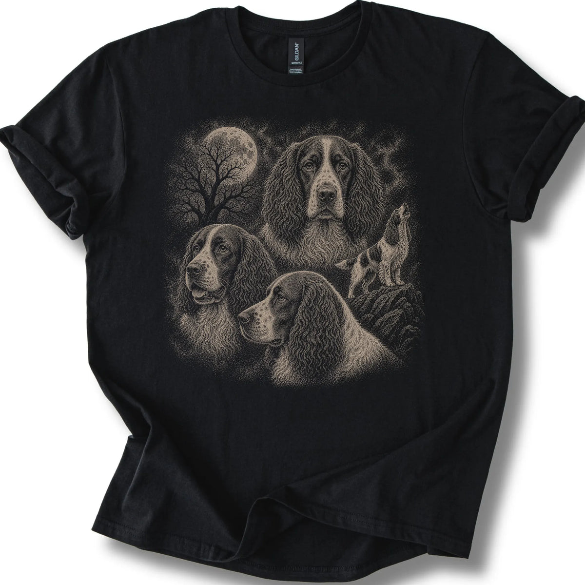 Springer Spaniel 90s Moon design on a black T-shirt.
