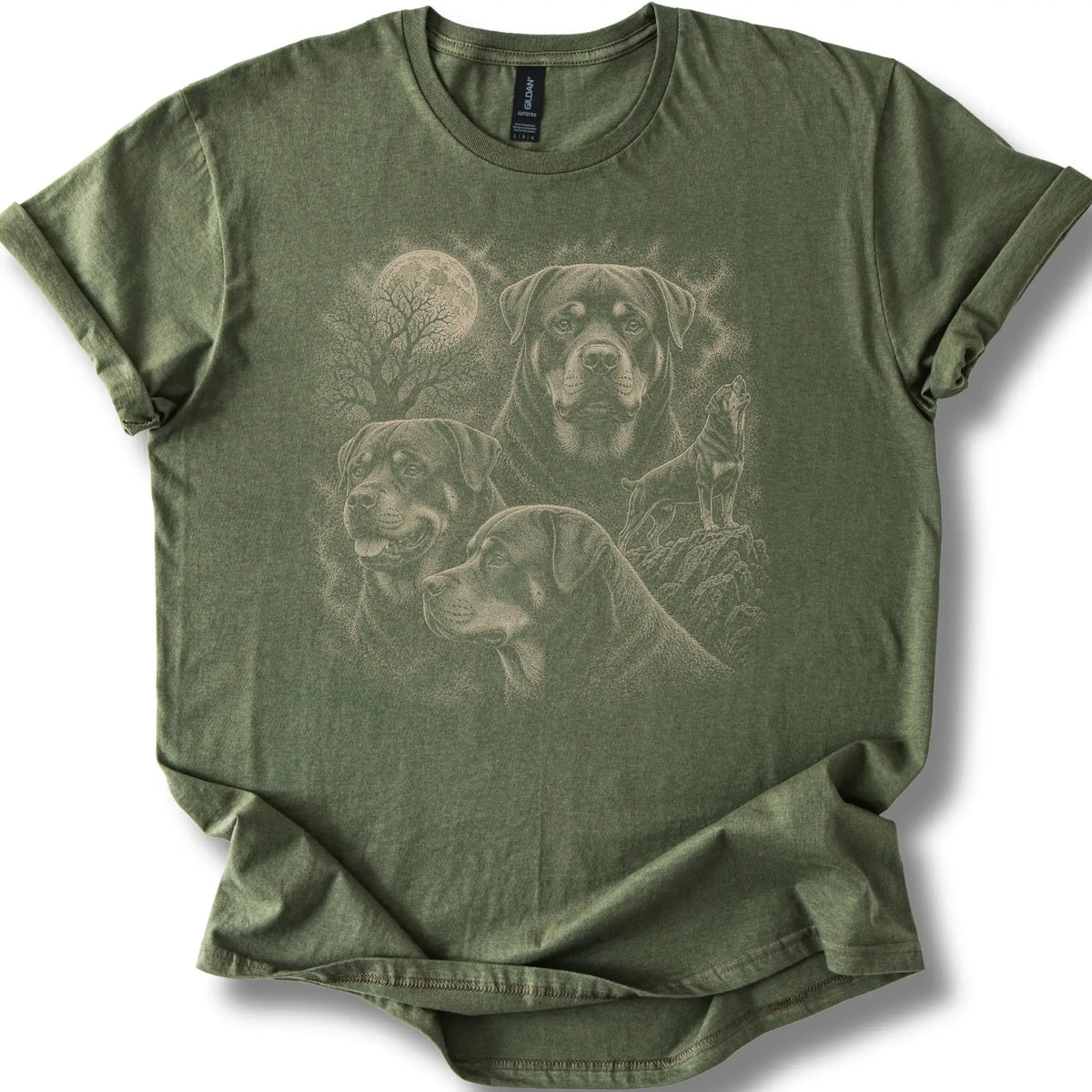 Rottweiler 90s Moon design on a military green T-shirt.