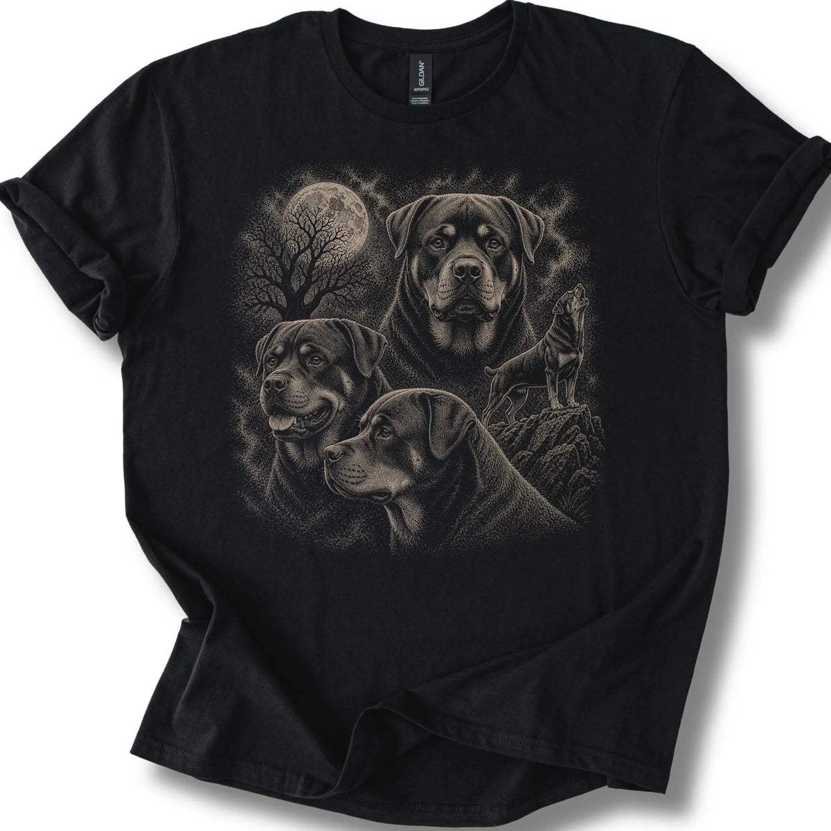 Rottweiler 90s Moon design on a black T-shirt.