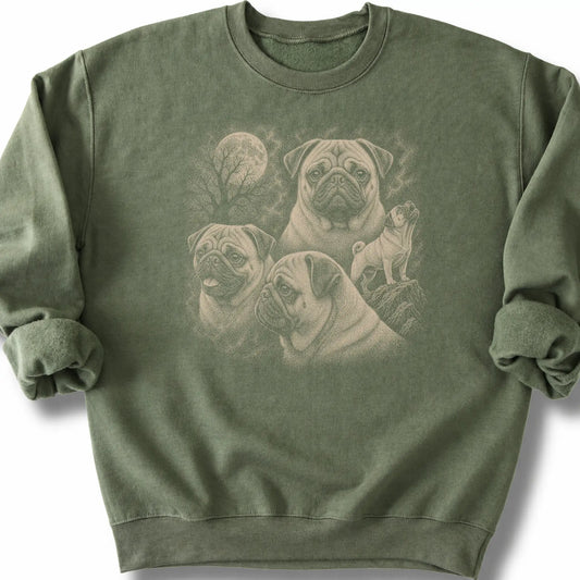 Pug 90s Moon design on a military green sweatshirt.