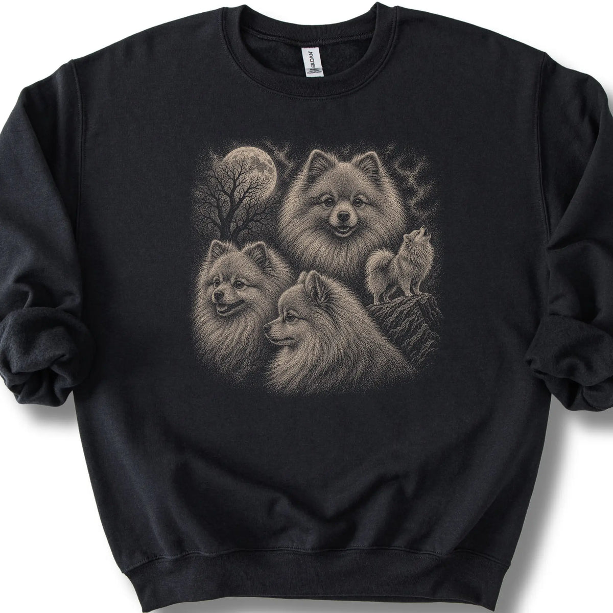 Pomeranian 90s Moon design on a black sweatshirt.