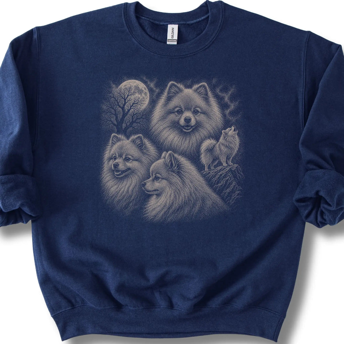 Pomeranian 90s Moon design on a navy sweatshirt.