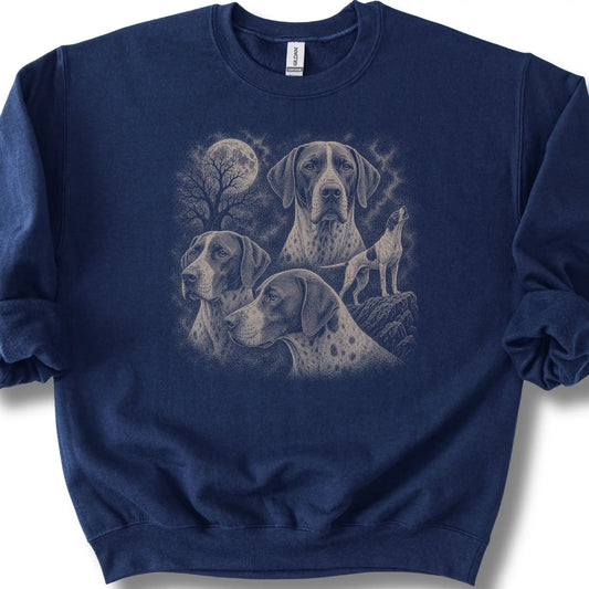 Pointer 90s Moon design on a navy sweatshirt.