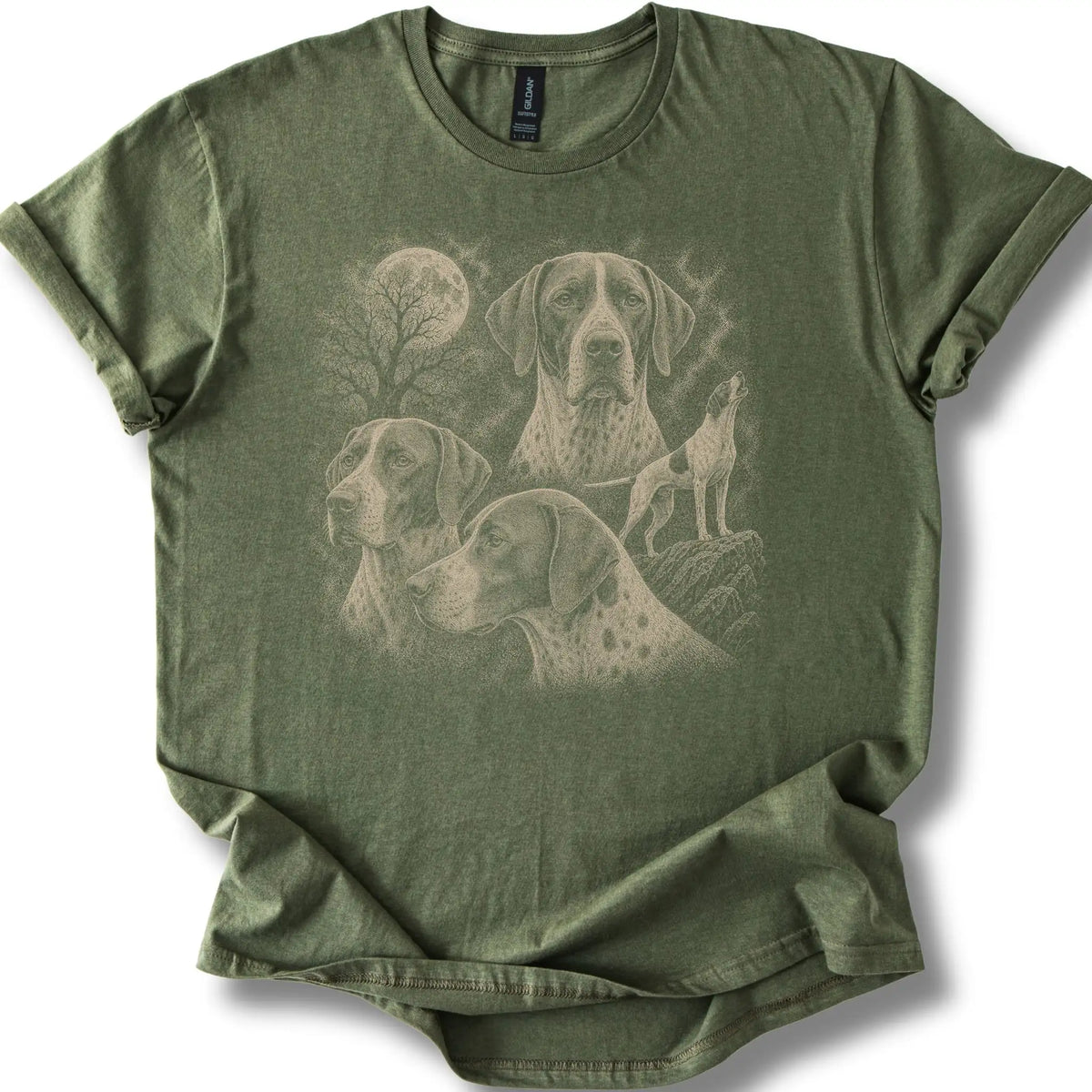 Pointer 90s Moon design on a military green T-shirt.
