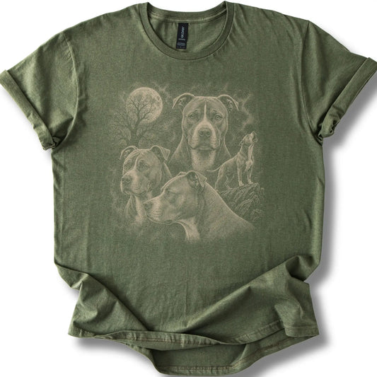 Pitbull 90s Moon design on a military green T-shirt.