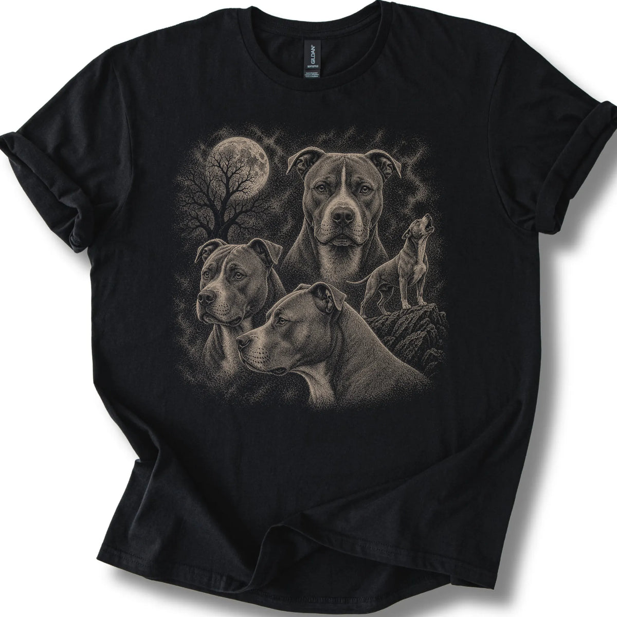 Pitbull 90s Moon design on a black T-shirt.