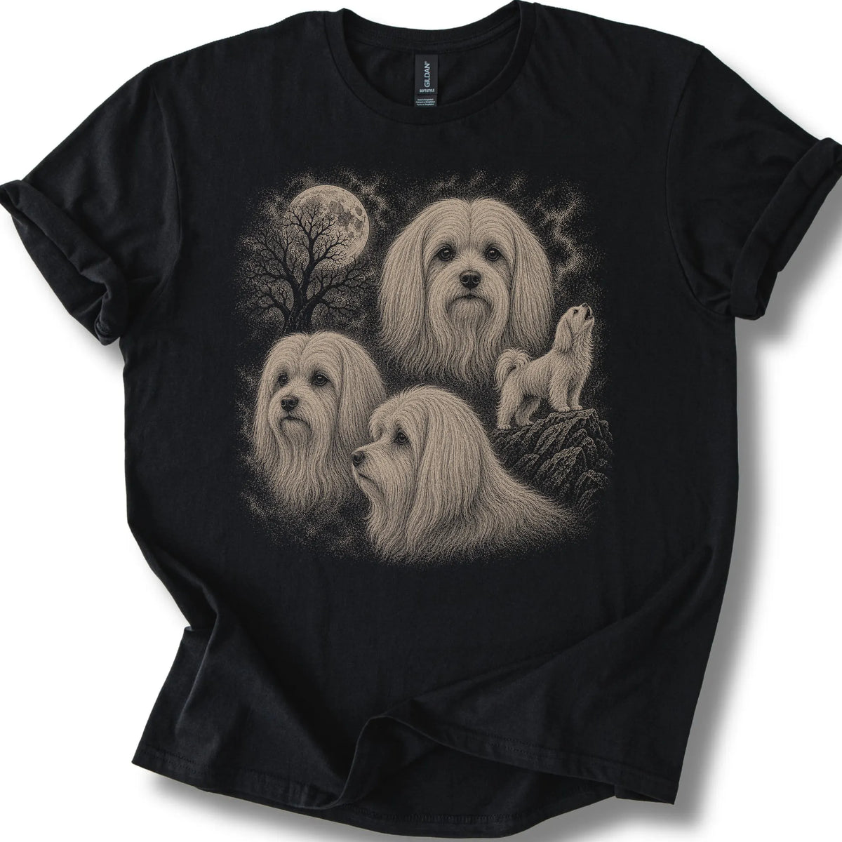 Maltese 90s Moon design on a black T-shirt.