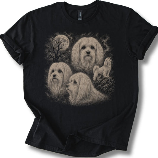 Maltese 90s Moon design on a black T-shirt.