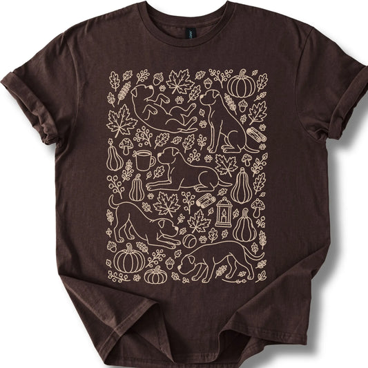 American Bulldog among autumn leaves and seasonal icons on a dark chocolate T-shirt.