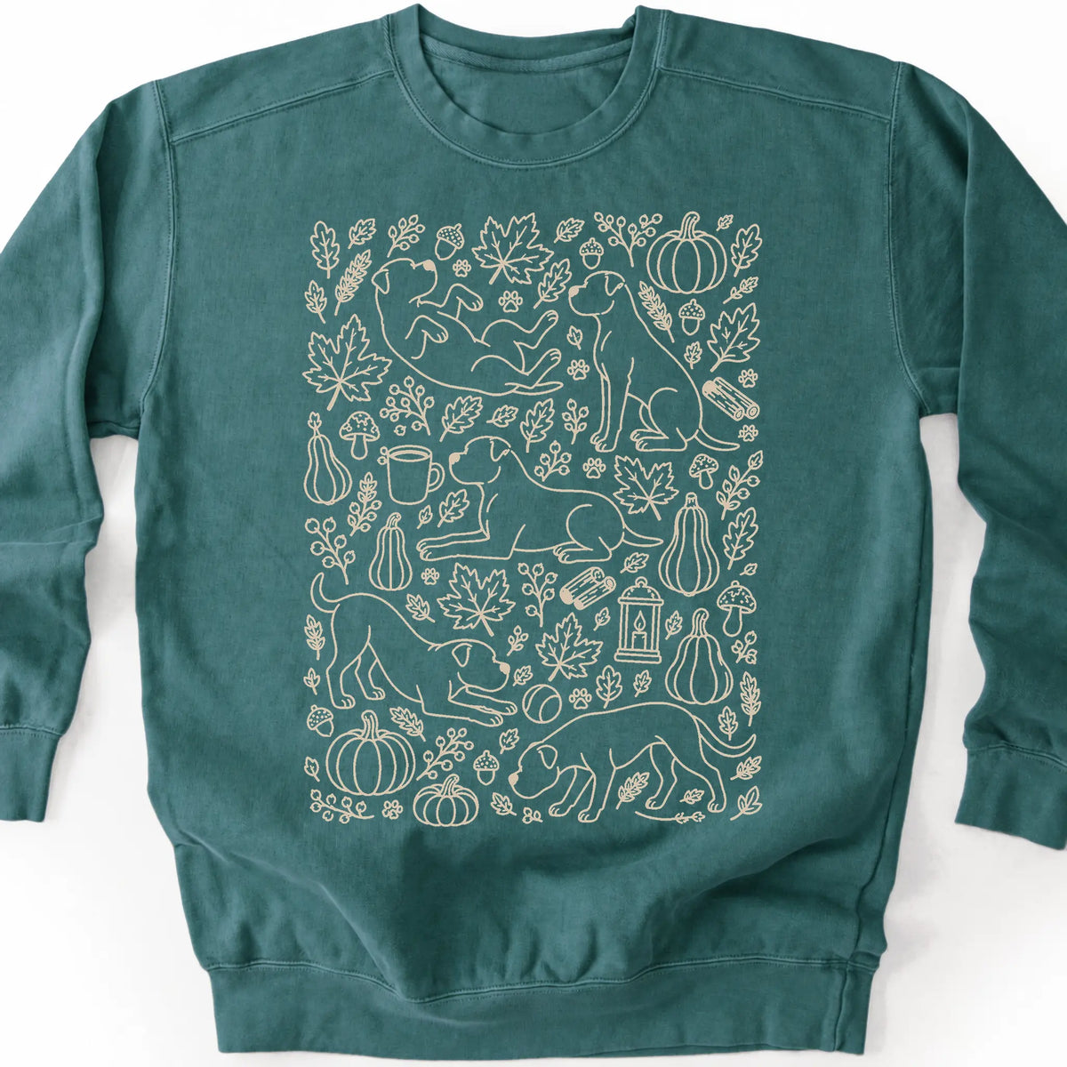 American Bulldog among autumn leaves and seasonal icons on a blue spruce sweatshirt.