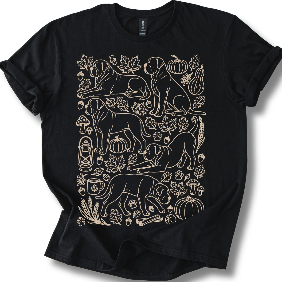 Mastiff among autumn leaves and seasonal icons on a black T-shirt.