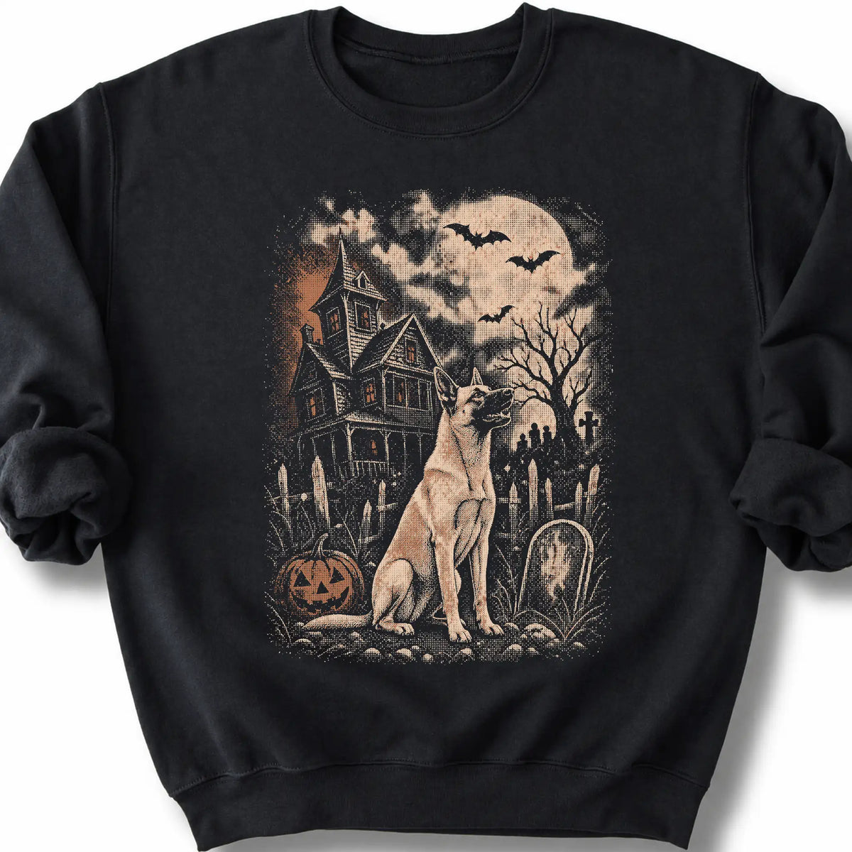Belgian Malinois beside a haunted house on a black sweatshirt.