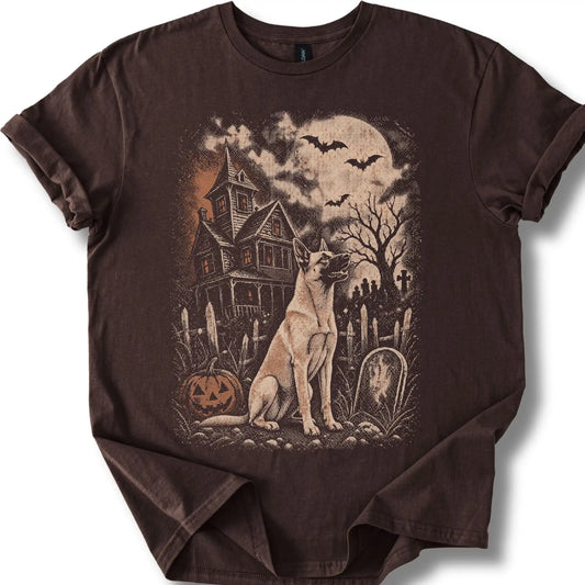 Belgian Malinois beside a haunted house on a dark chocolate T-shirt.