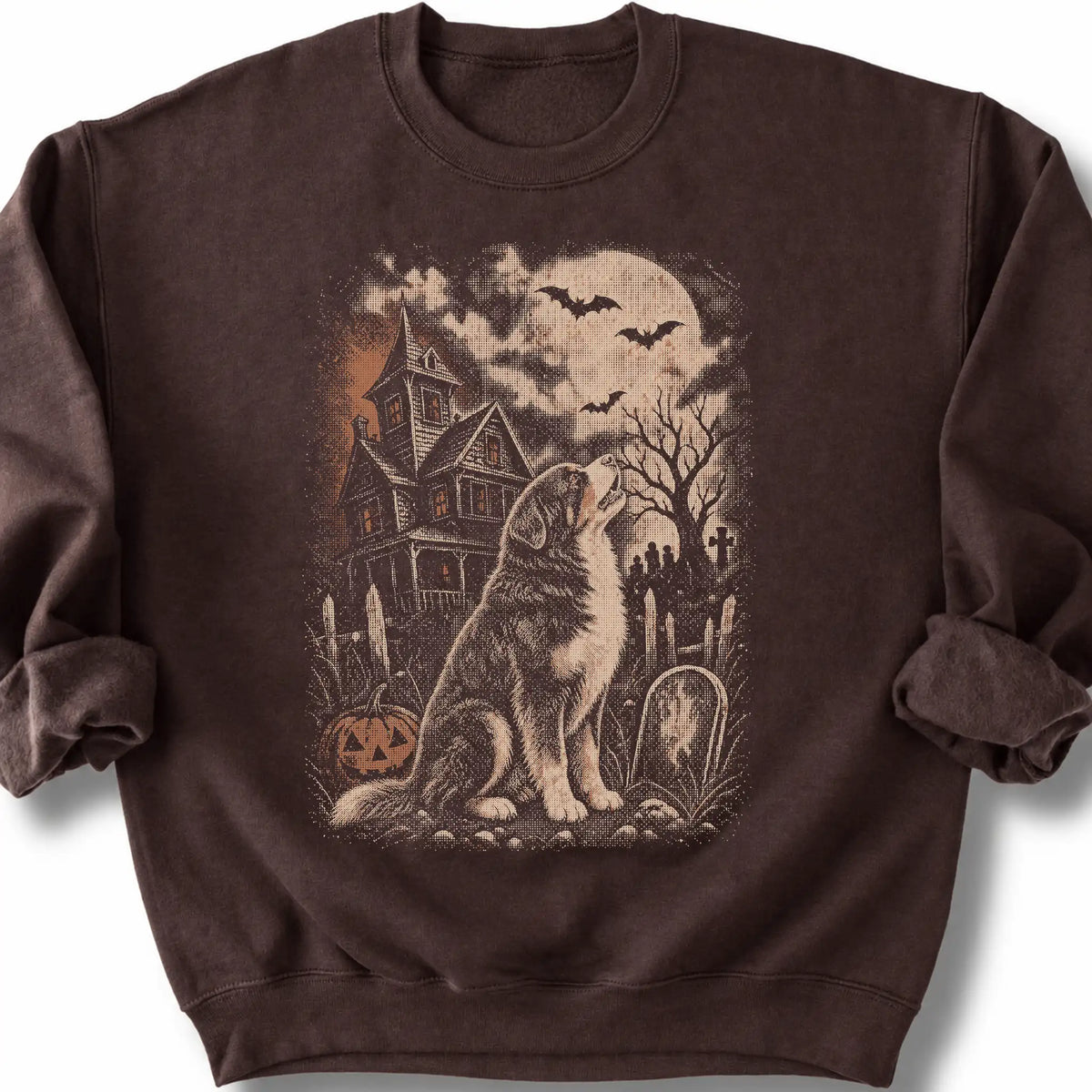 Bernese Mountain Dog beside a haunted house on a dark chocolate sweatshirt.