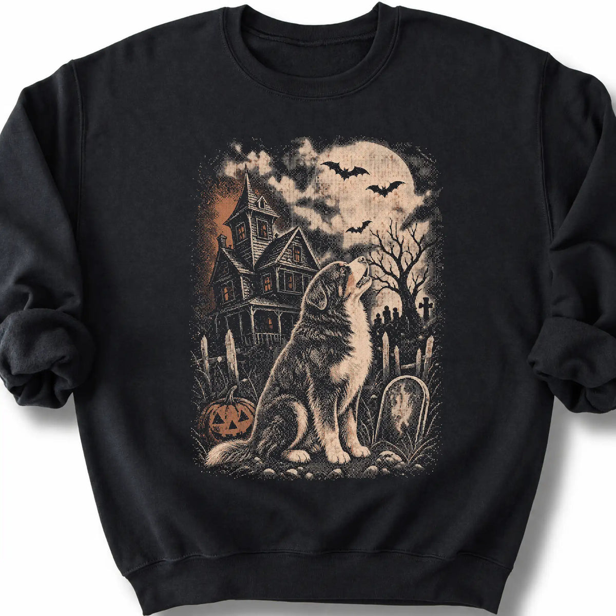 Bernese Mountain Dog beside a haunted house on a black sweatshirt.