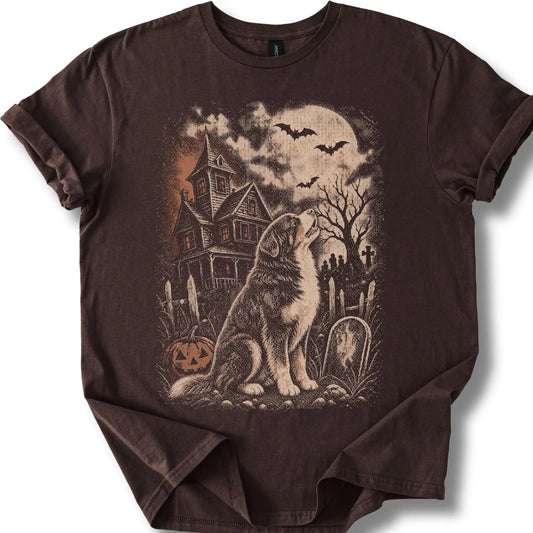 Bernese Mountain Dog beside a haunted house on a dark chocolate T-shirt.