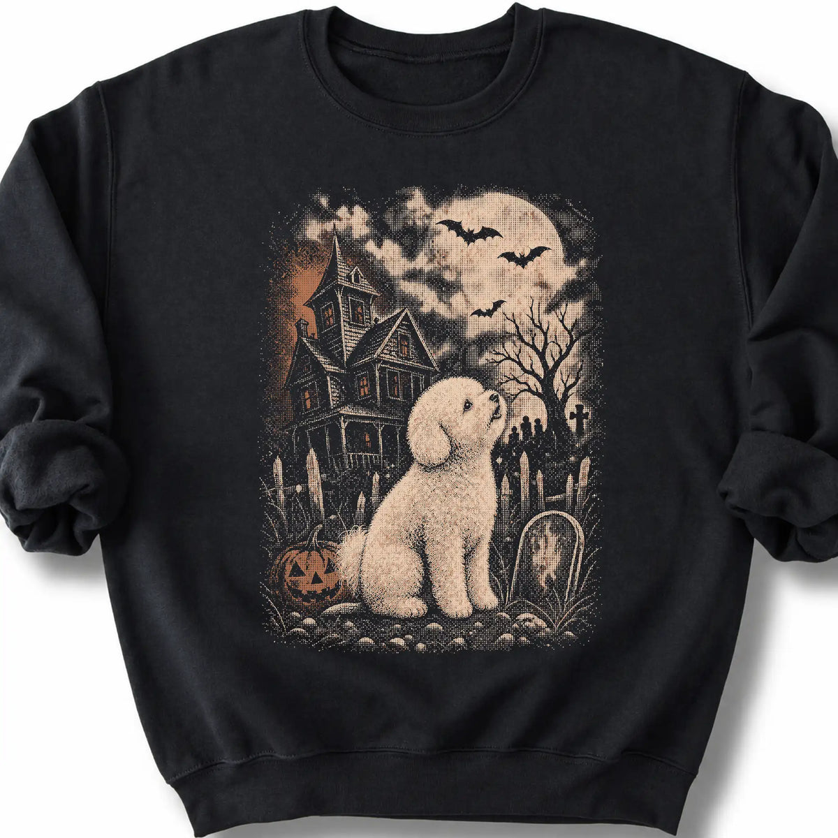 Bichon Frise beside a haunted house on a black sweatshirt.