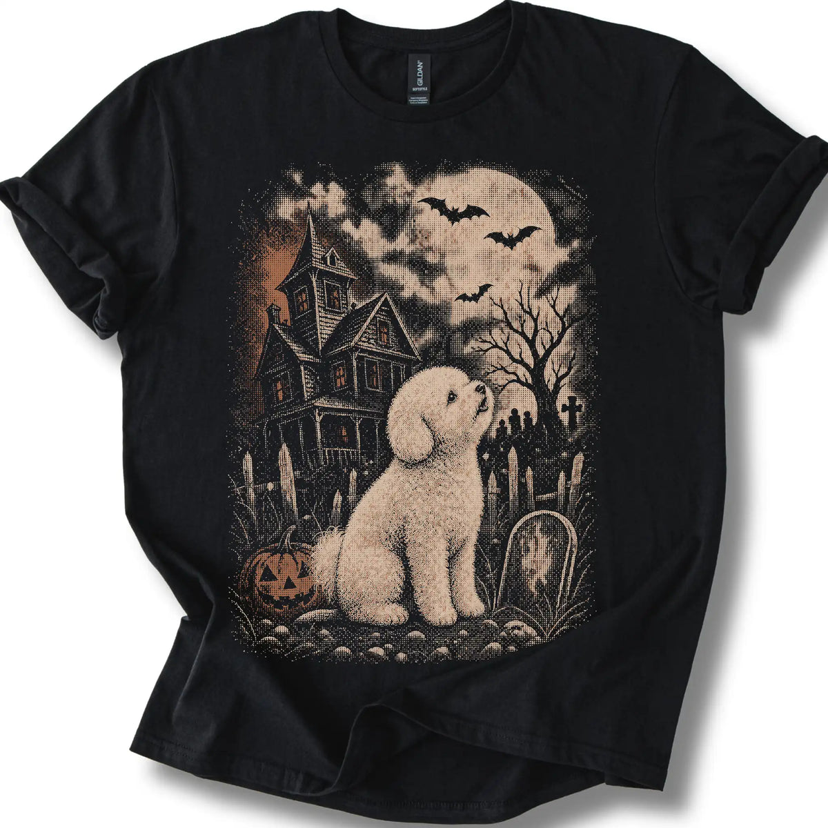 Bichon Frise beside a haunted house on a black T-shirt.