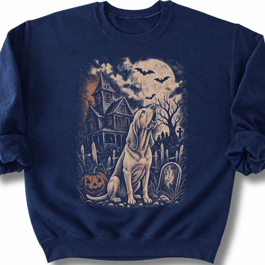 Bloodhound beside a haunted house on a navy sweatshirt.