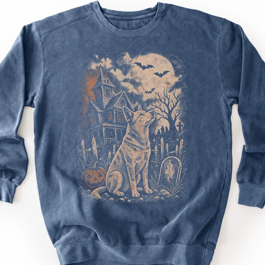 Blue Heeler beside a haunted house on a denim sweatshirt.