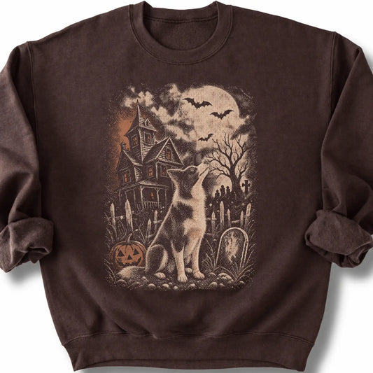 Border Collie beside a haunted house on a dark chocolate sweatshirt.