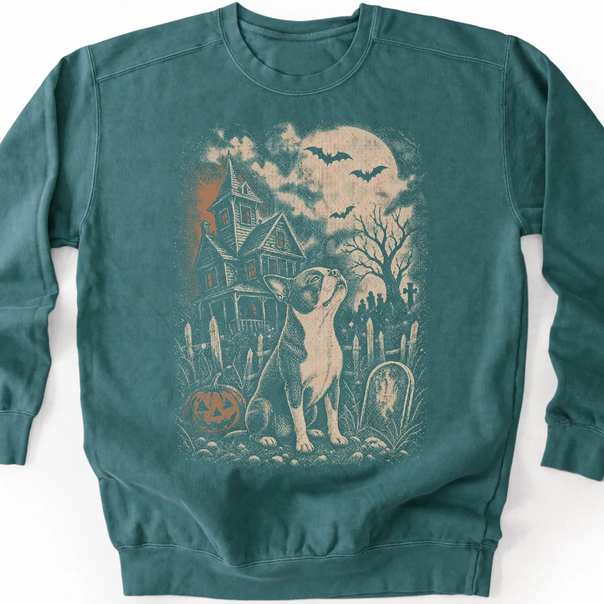 Boston Terrier beside a haunted house on a blue spruce sweatshirt.