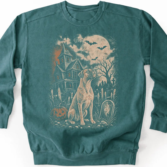Boxer beside a haunted house on a blue spruce sweatshirt.