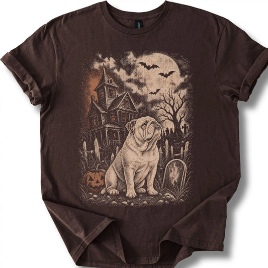 Bulldog beside a haunted house on a dark chocolate T-shirt.