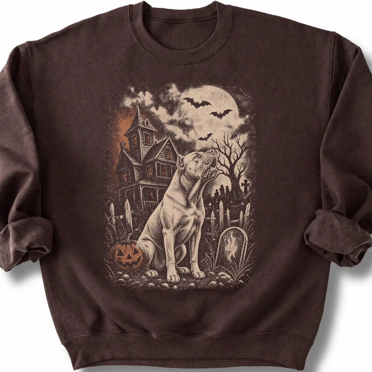 Cane Corso beside a haunted house on a dark chocolate sweatshirt.