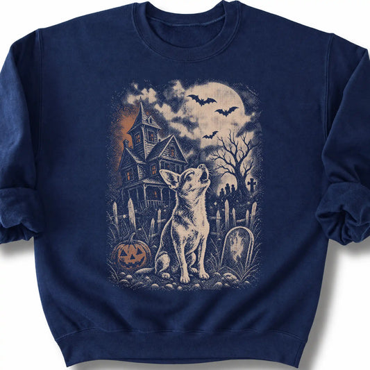 Chihuahua beside a haunted house on a navy sweatshirt.