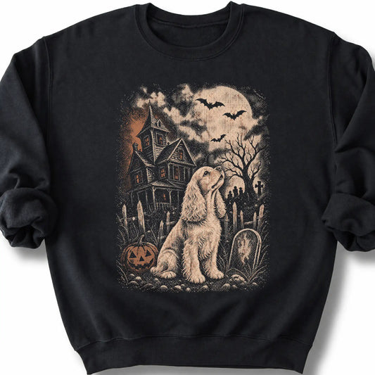 Cocker Spaniel beside a haunted house on a black sweatshirt.