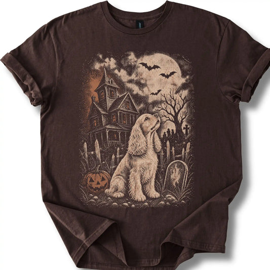 Cocker Spaniel beside a haunted house on a dark chocolate T-shirt.