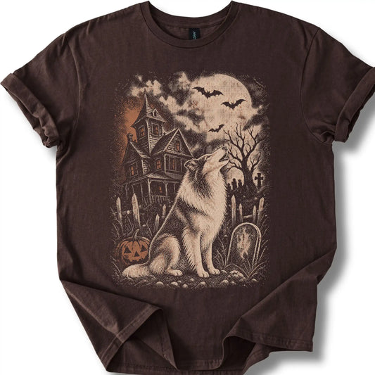 Collie beside a haunted house on a dark chocolate T-shirt.