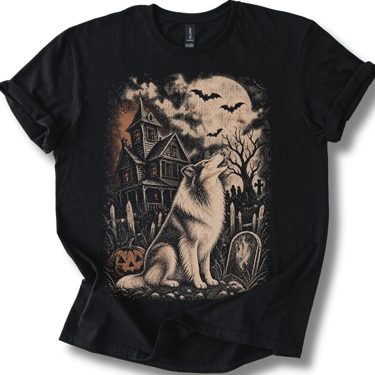 Collie beside a haunted house on a black T-shirt.