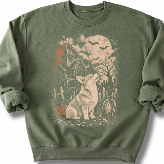 Corgi beside a haunted house on a military green sweatshirt.