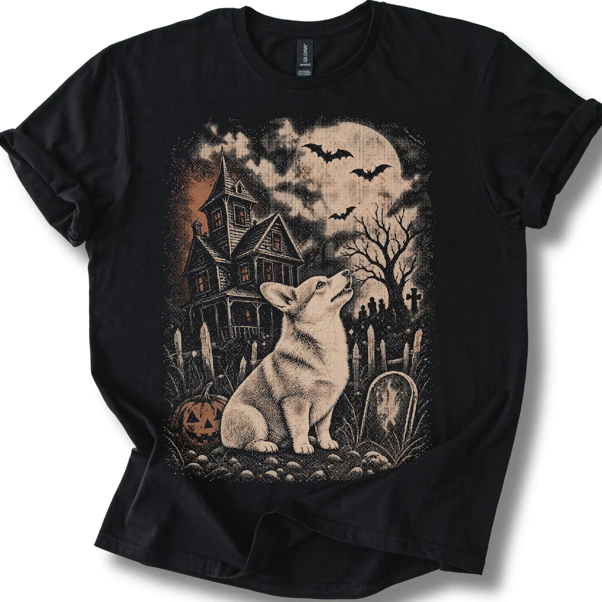 Corgi beside a haunted house on a black T-shirt.