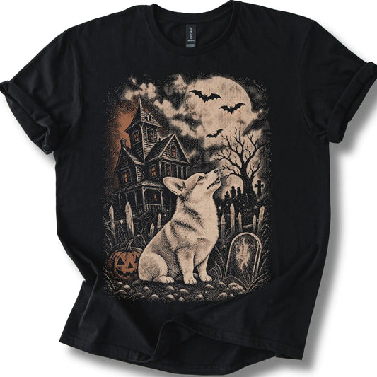 Corgi beside a haunted house on a black T-shirt.