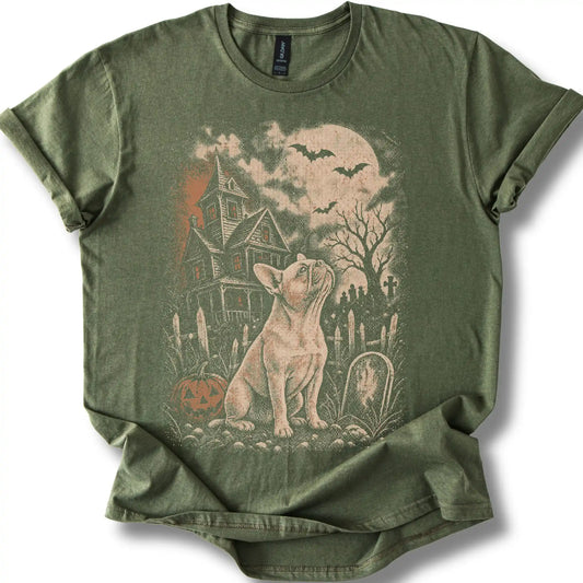 French Bulldog beside a haunted house on a military green T-shirt.