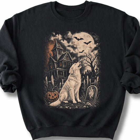 Golden Retriever beside a haunted house on a black sweatshirt.