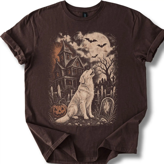 Golden Retriever beside a haunted house on a dark chocolate T-shirt.