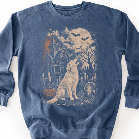 Golden Retriever beside a haunted house on a denim sweatshirt.