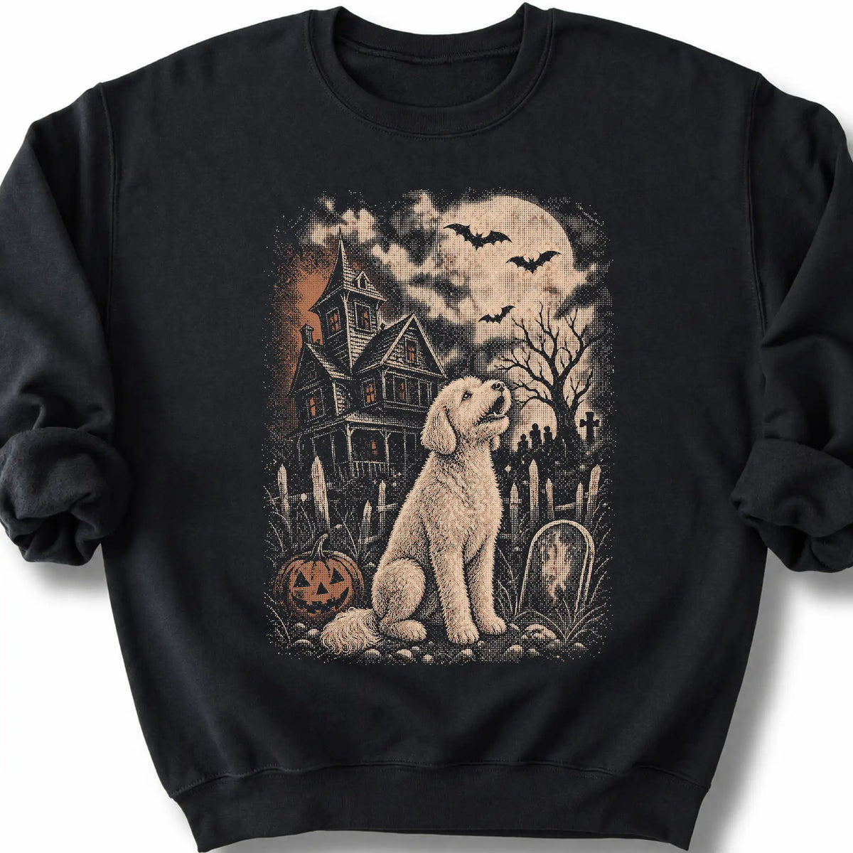 Goldendoodle beside a haunted house on a black sweatshirt.