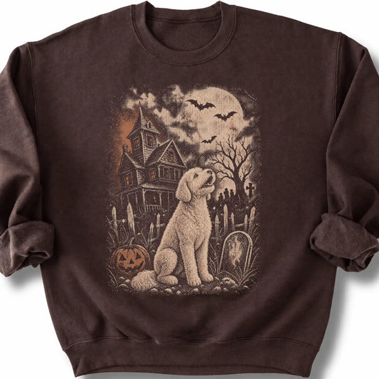 Goldendoodle beside a haunted house on a dark chocolate sweatshirt.