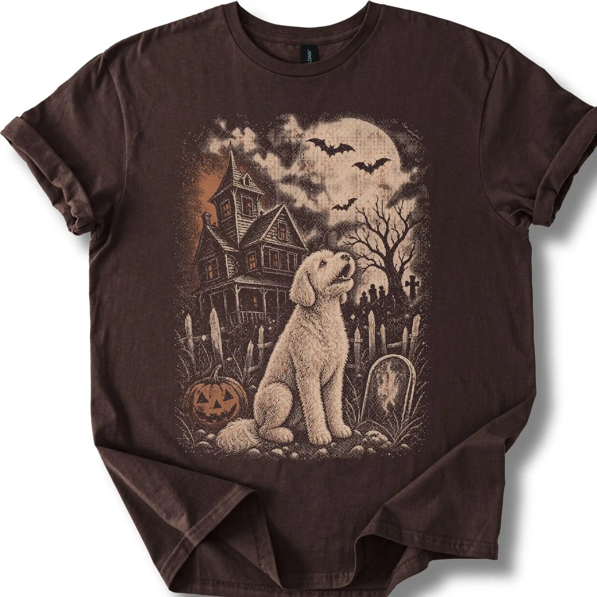 Goldendoodle beside a haunted house on a dark chocolate T-shirt.