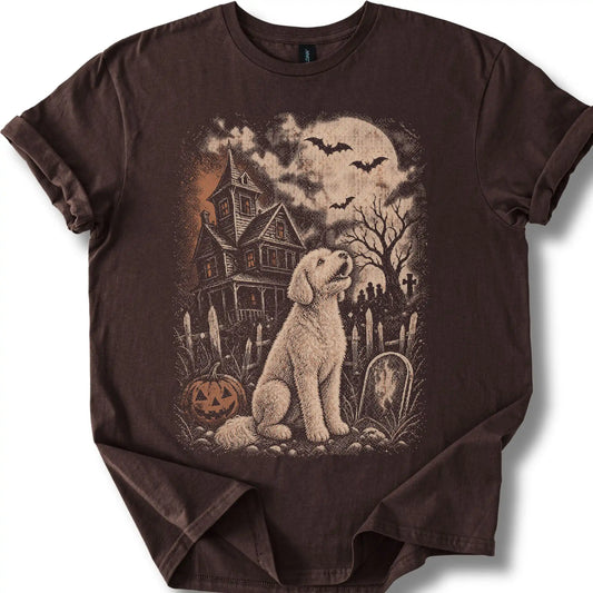 Goldendoodle beside a haunted house on a dark chocolate T-shirt.
