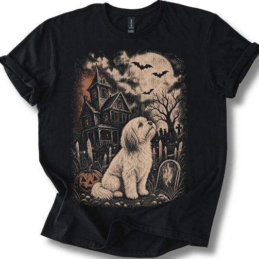 Havanese beside a haunted house on a black T-shirt.