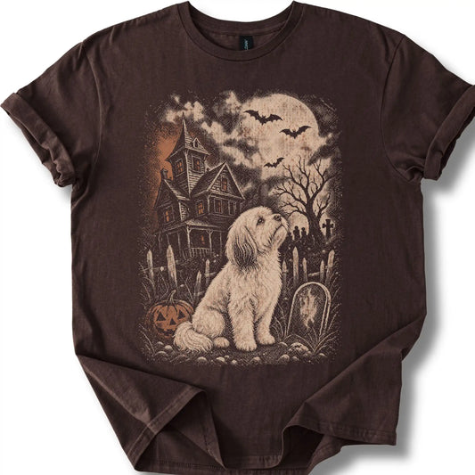 Havanese beside a haunted house on a dark chocolate T-shirt.