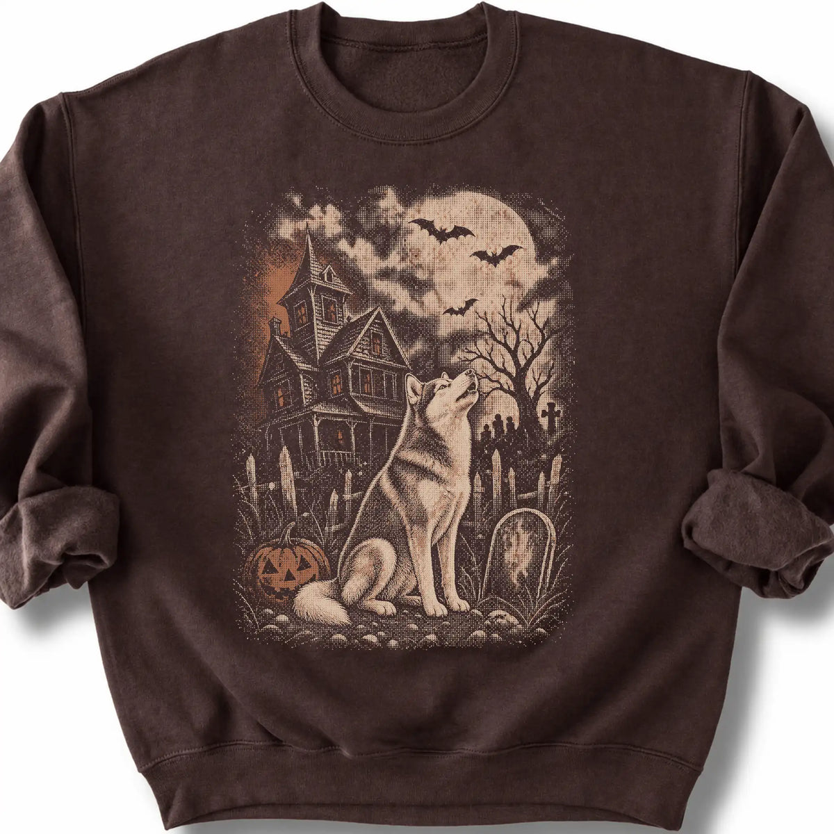 Husky beside a haunted house on a dark chocolate sweatshirt.