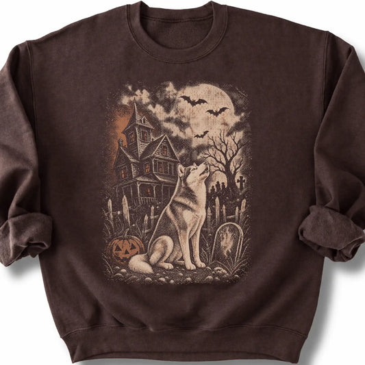 Husky beside a haunted house on a dark chocolate sweatshirt.